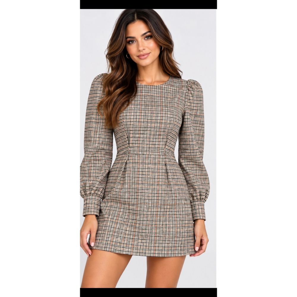 Zara Plaid Puff Sleeve Mini Dress Brown Tan Check Long Sleeve Size M